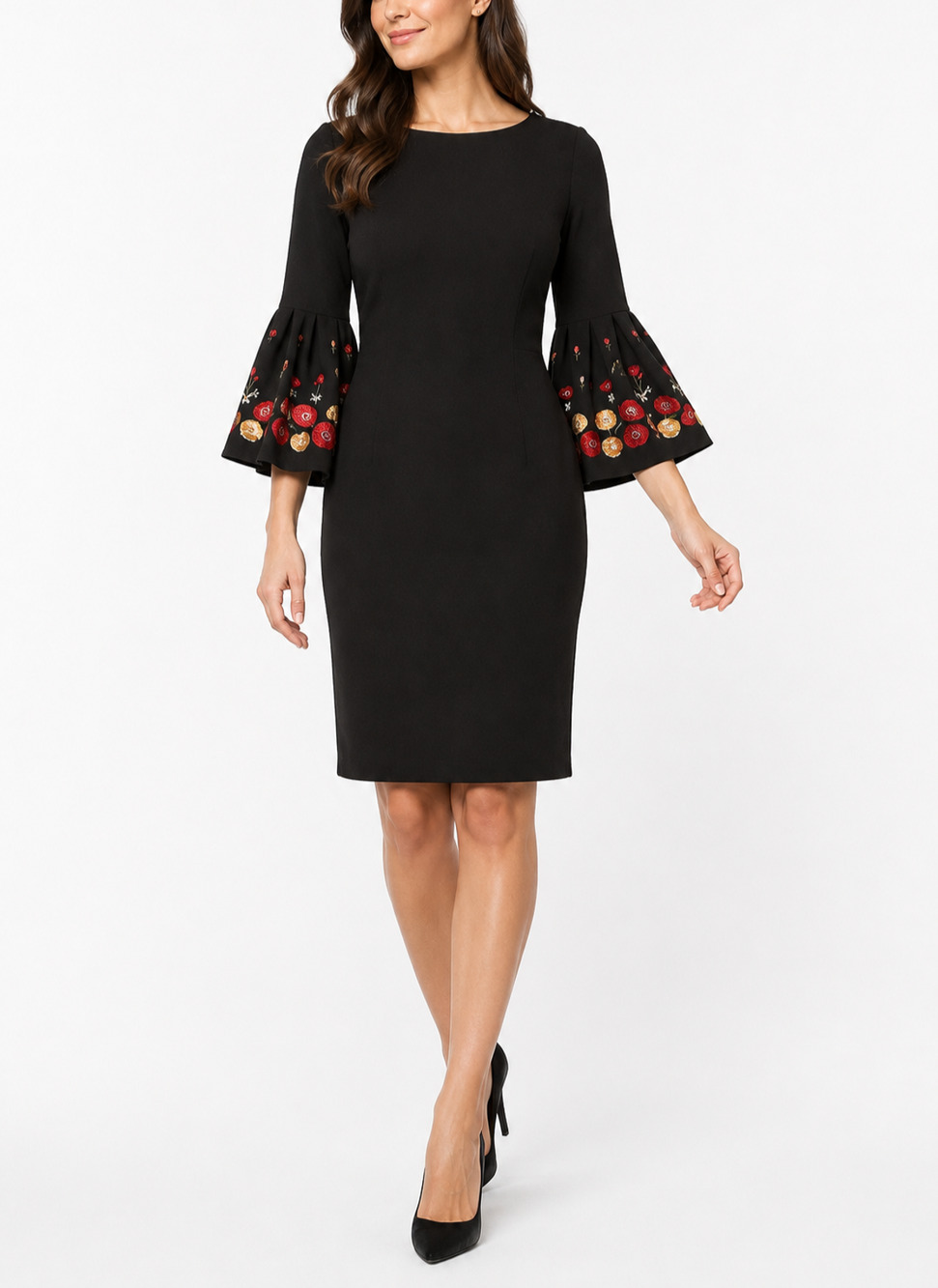 Calvin Klein Women Sz 2 Black Floral Embroidered Bell Sleeve Sheath Dress